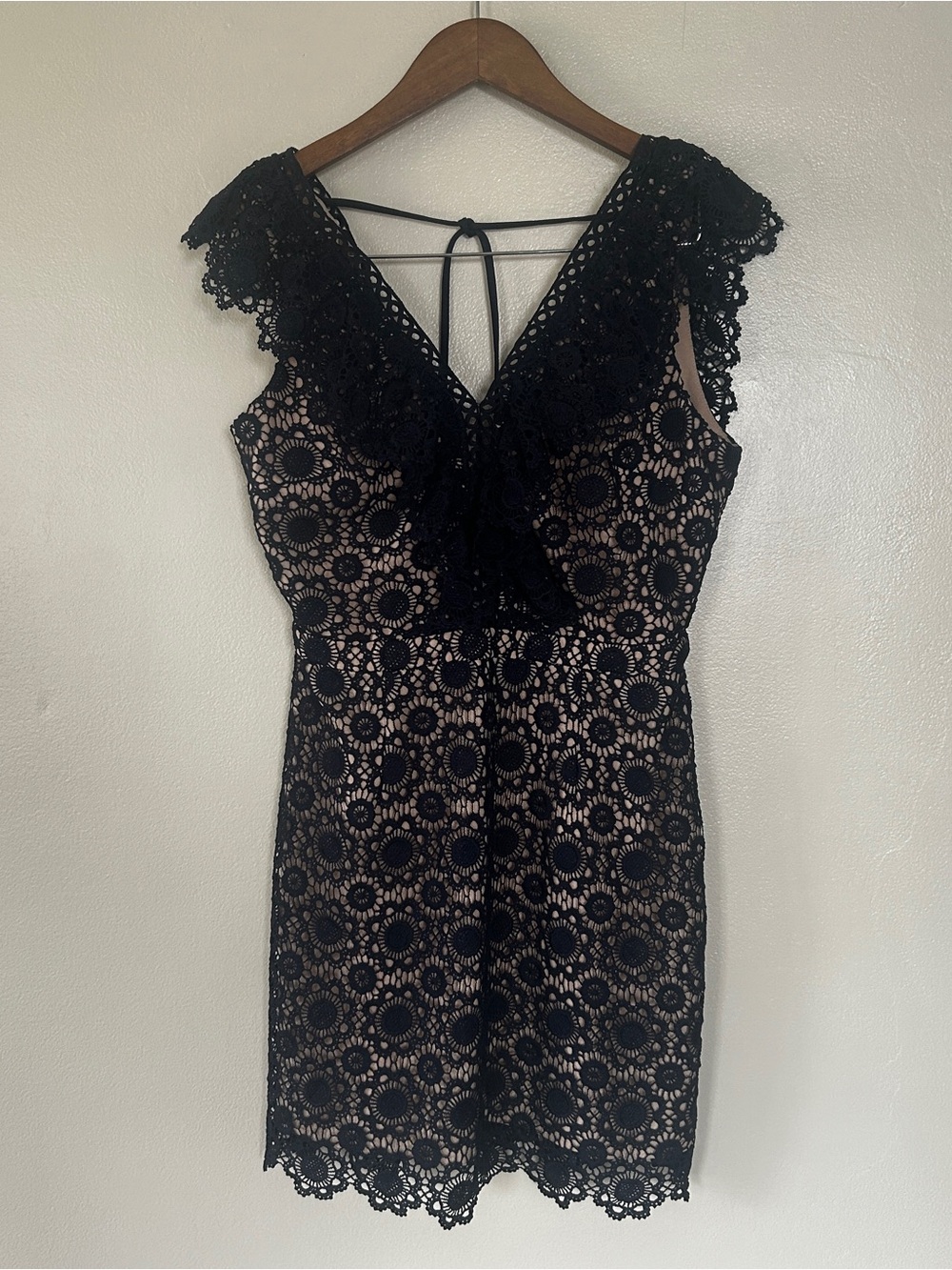 JOA Navy Blue Crochet Lace Mini Dress Medium Nude Lined Open Back
